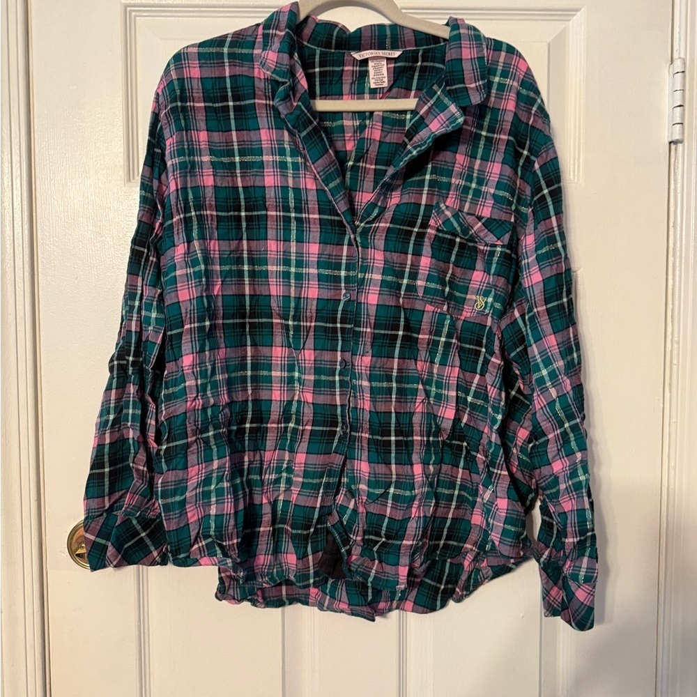 Victoria's Secret Teal and Pink Plaid Button-Up Shirt